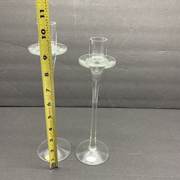 Studio Hand Blown Clear Glass Taper Candle Holder Set Of 2 Graduating 10.5”9.75” - Picture 10 of 11